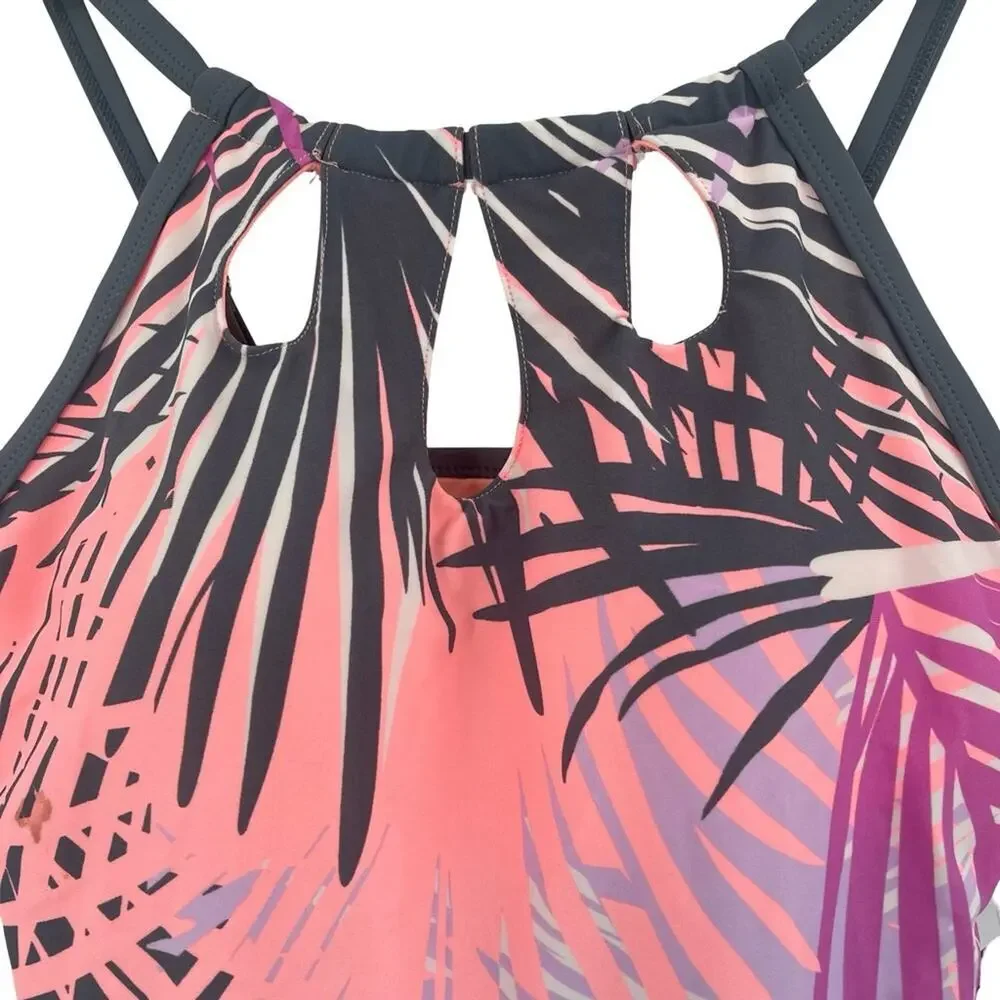 ✨NWT Free Country high-neck tankini top pink, gray, white palm print SMALL